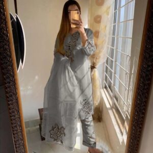 3 Pcs Women's Stitched Organza Embroidered Suit