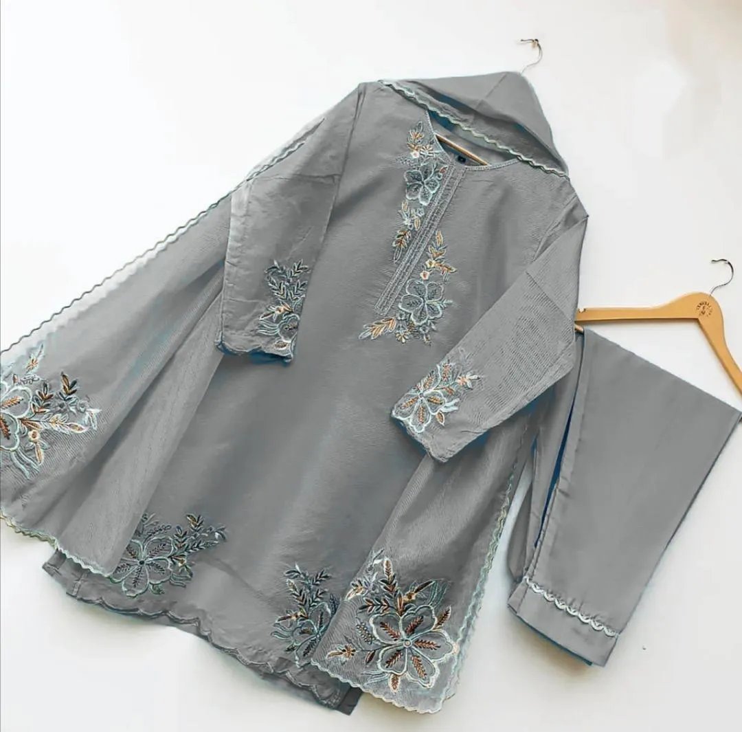 3 Pcs Women's Stitched Organza Embroidered Suit - Image 3