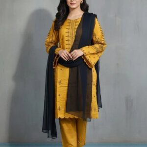 Mustard Linen Embroidered Suit Set - 3 Pcs with Chiffon Dupatta