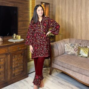 2 Pcs Women’s Stitched Katan Silk Embroidered Suit