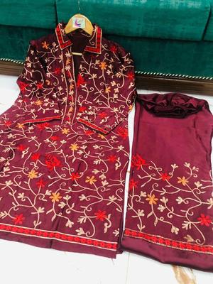 2 Pcs Women’s Stitched Katan Silk Embroidered Suit - Image 3