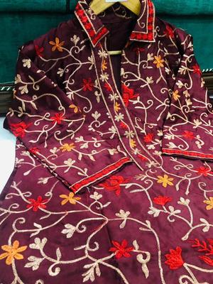 2 Pcs Women’s Stitched Katan Silk Embroidered Suit - Image 2