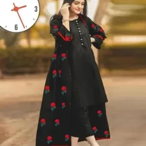 3 Pcs Women's Stitched Silk Embroidered Gown Suit