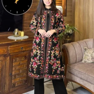 Elegant Women's Stitched 3 Pcs Gown Suit in Black Shamoz Silk with Embroidered Design