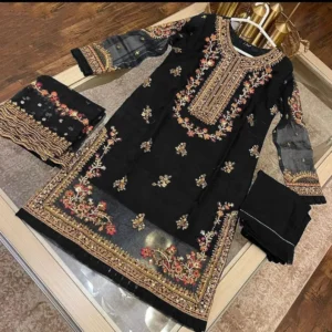 3 Pcs Women's Stitched Organza Embroidered Suit
