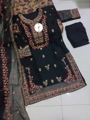 3 Pcs Women's Stitched Organza Embroidered Suit - Image 2