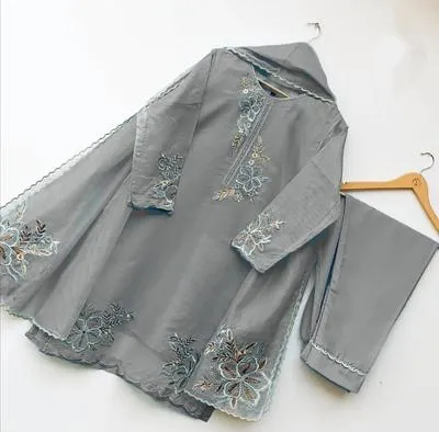 3 Pcs Women's Stitched Organza Embroidered Suit - Image 2