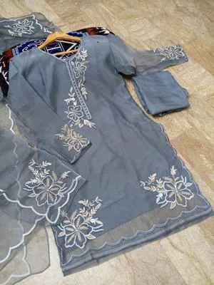 3 Pcs Women's Stitched Organza Embroidered Suit - Image 3
