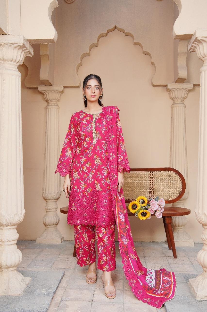 Stunning Pink Khaddar Suit Set - 3 Pcs with Embroidered & Printed Patterns- Unstiched