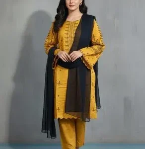 Mustard Linen Embroidered Suit Set - 3 Pcs with Chiffon Dupatta