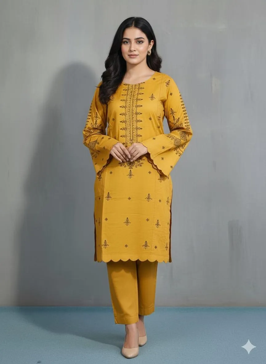 Mustard Linen Embroidered Suit Set - 3 Pcs with Chiffon Dupatta - Image 2