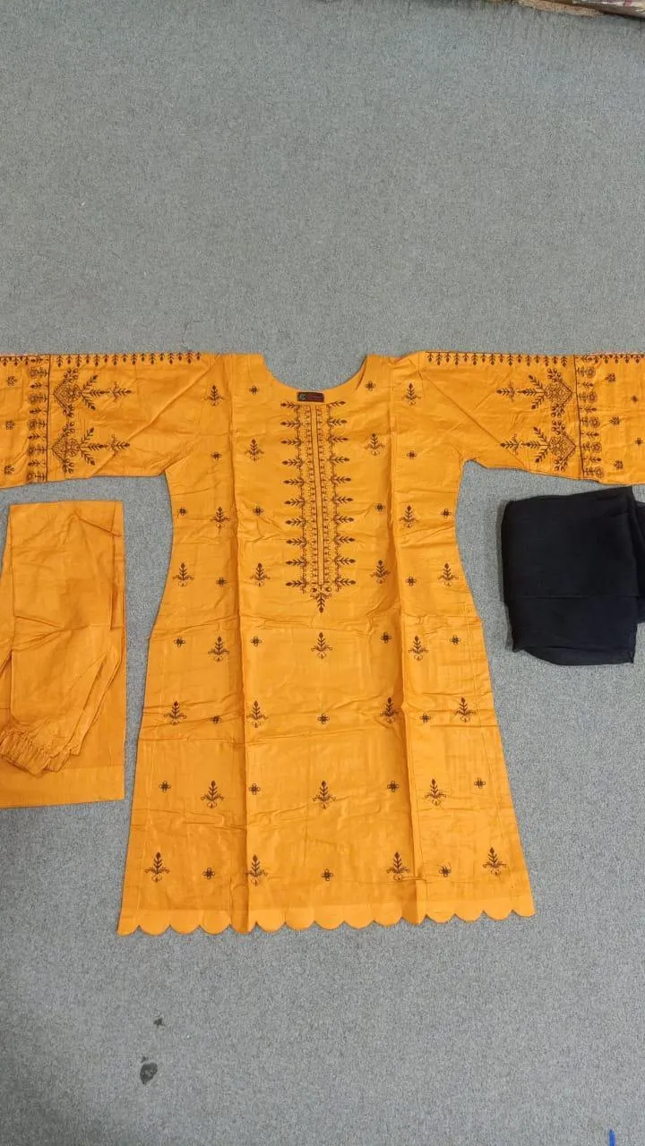 Mustard Linen Embroidered Suit Set - 3 Pcs with Chiffon Dupatta - Image 3