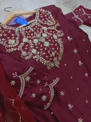 3 Pcs Women's Stitched Shamoz Silk Embroidered Maxi - Image 2