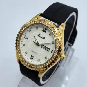 Locitti Luxury Gold-Tone Quartz Watch with Black Silicone Strap - Day-Date Function