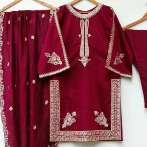 3 Pcs Women's Stitched Silk Embroidered Suit