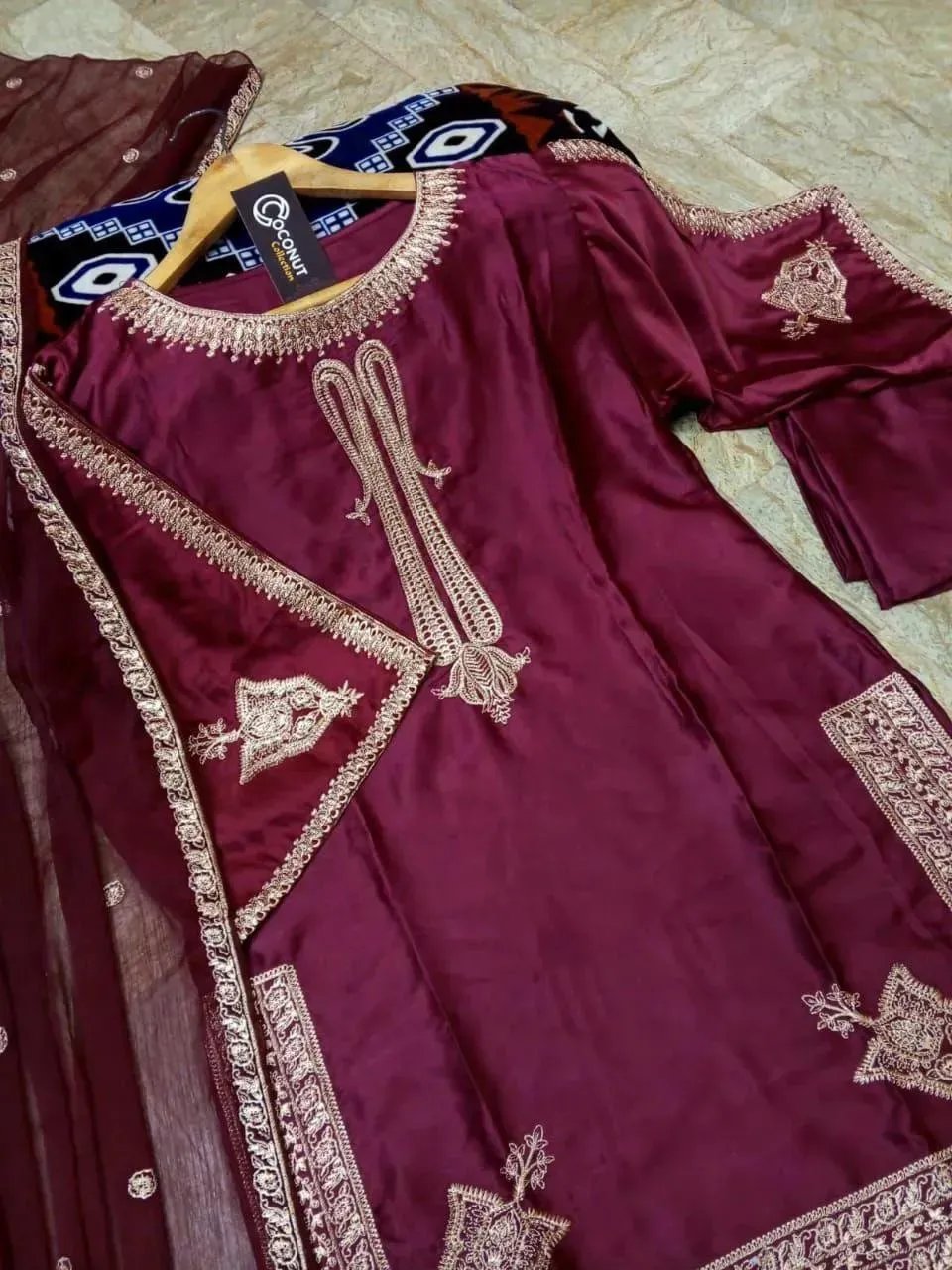 3 Pcs Women's Stitched Silk Embroidered Suit - Image 2