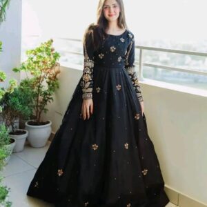 2 Pcs Women's Stitched Shamoz Silk Embroidered Frock And Trouser