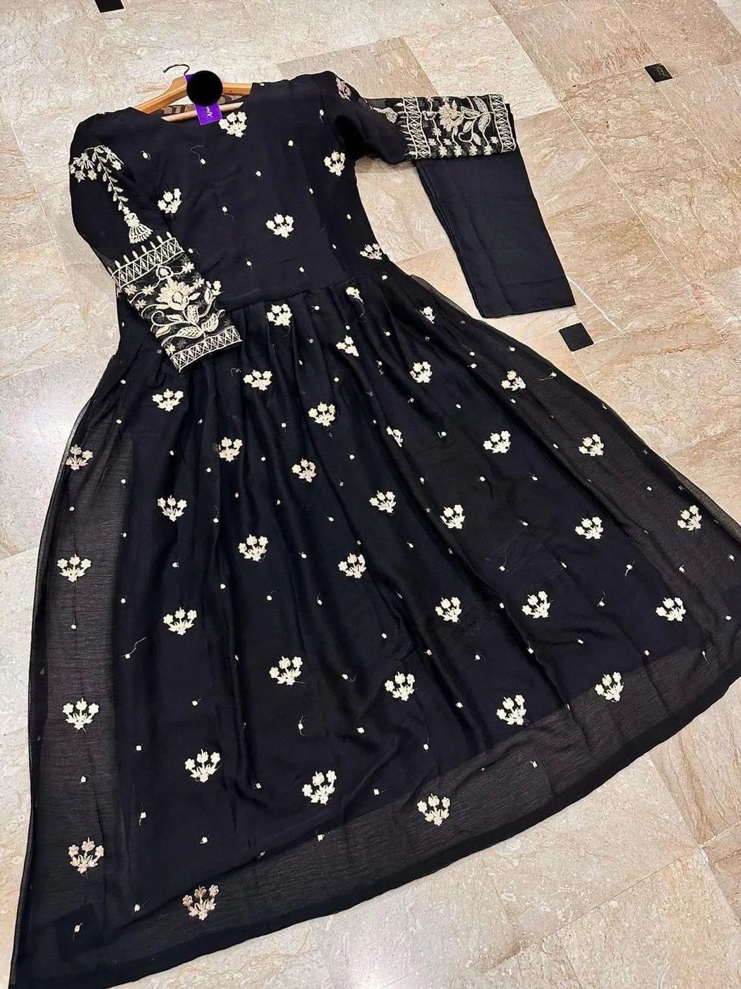 2 Pcs Women's Stitched Shamoz Silk Embroidered Frock And Trouser - Image 3