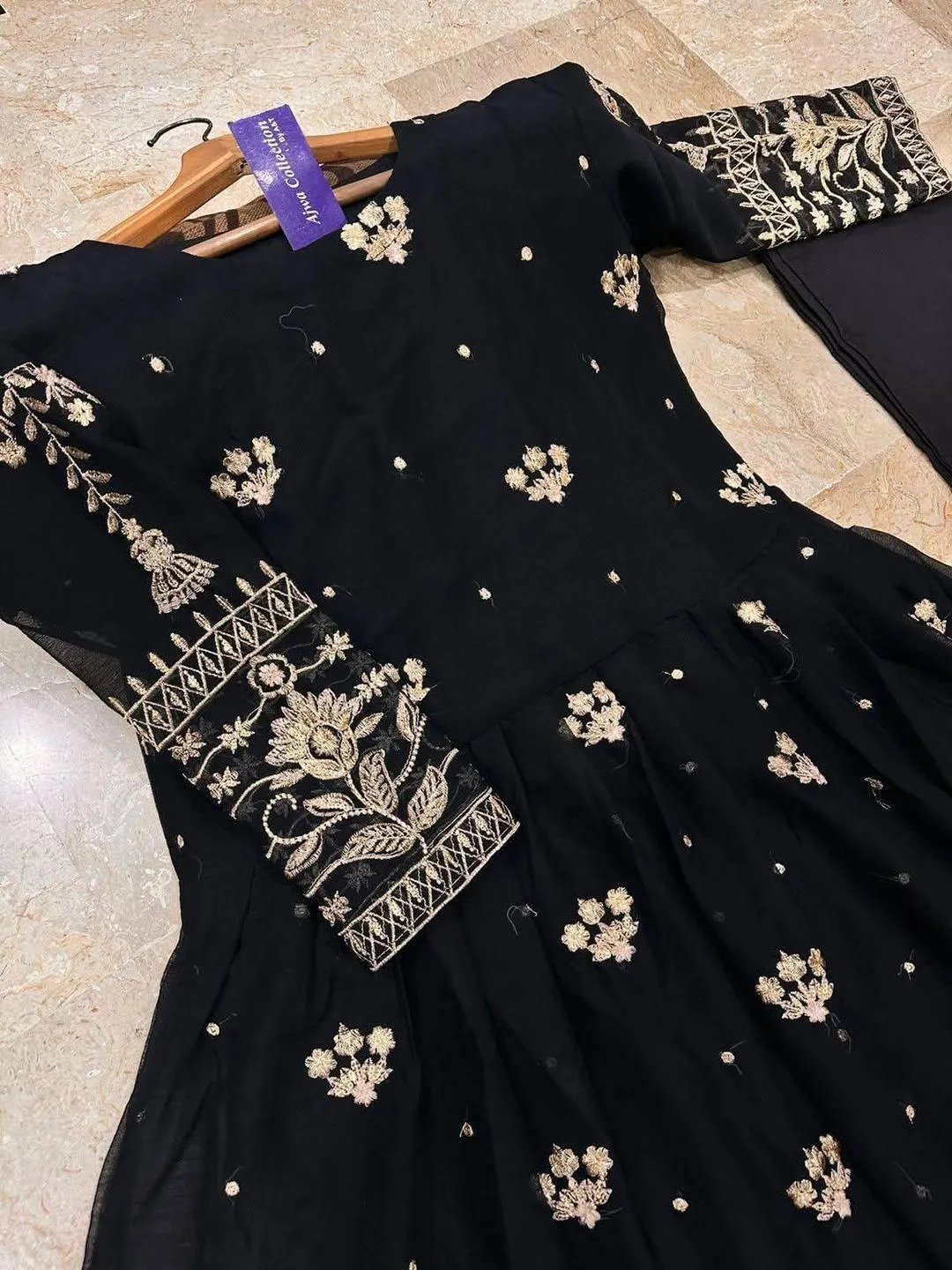 2 Pcs Women's Stitched Shamoz Silk Embroidered Frock And Trouser - Image 2