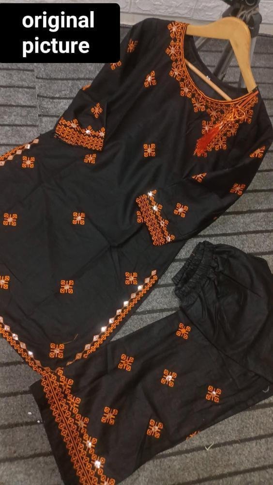 2 Pcs Women's Stitched Linen Embroidered Shirt And Trouser - Image 5