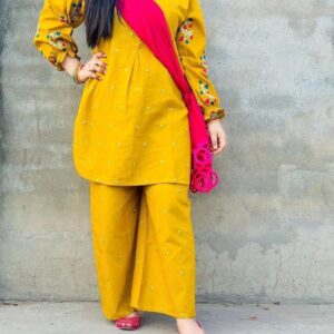 2 Pcs Women's Stitched Linen Embroidered Shirt And Trouser