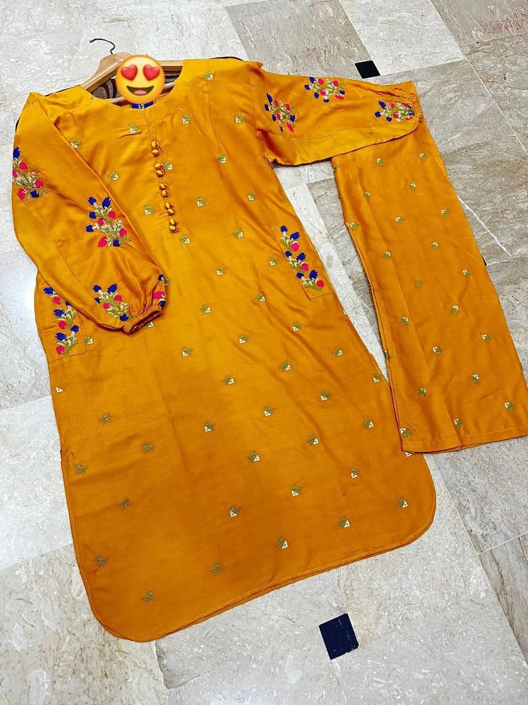 2 Pcs Women's Stitched Linen Embroidered Shirt And Trouser - Image 3