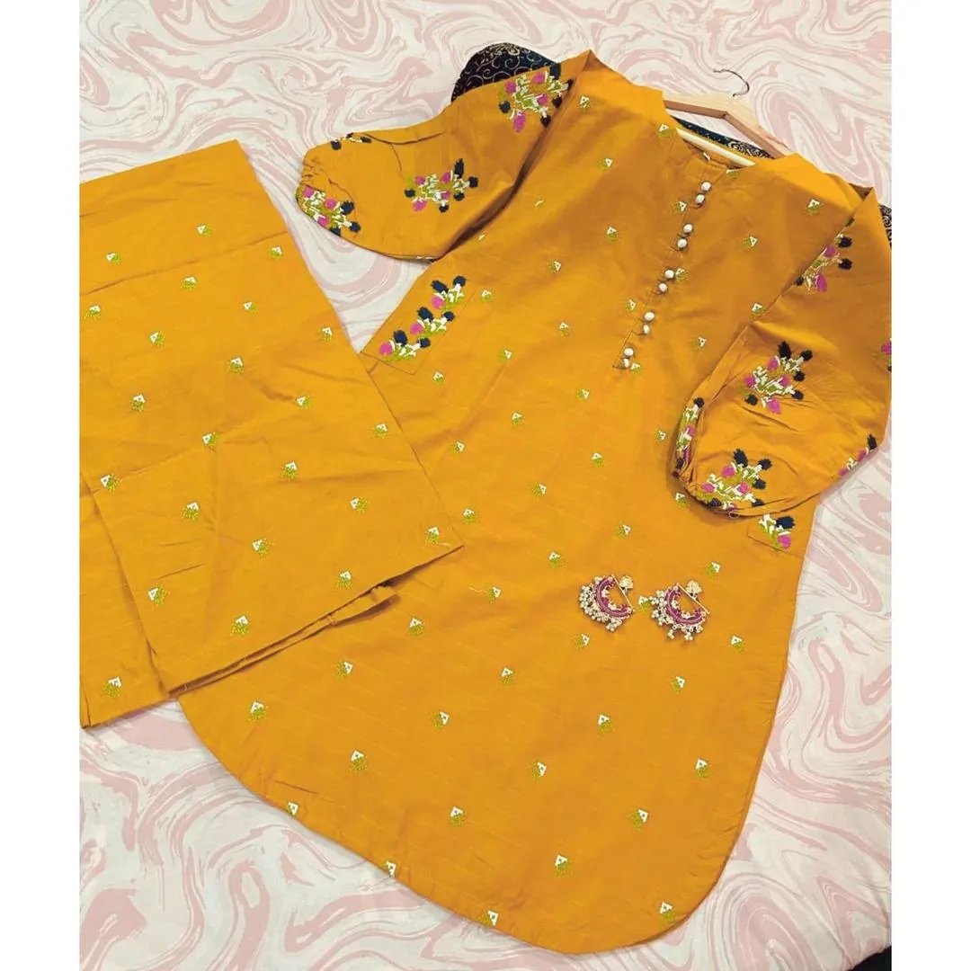 2 Pcs Women's Stitched Linen Embroidered Shirt And Trouser - Image 2